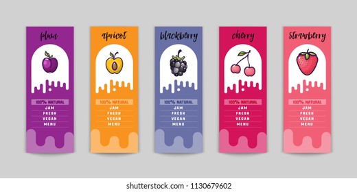 Jam packing design, for summer and autumn, fruits and berries of blackberries, plums, cherries, strawberries, apricots. And as you can use as web elements for the site and blog.