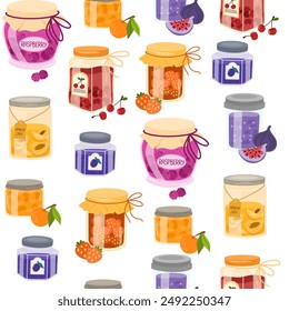 Patrón de atasco. Frutas conservadas, confitura, mermelada de gelatina en tarros, diseño de fondo sin fisuras. Conservas dulces, estampado repetido, textura para envoltura, textil, tela. Ilustración vectorial plana de color