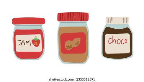 Jam, Peanut Butter and Chocolate 1 cute on a white background, vector illustration.