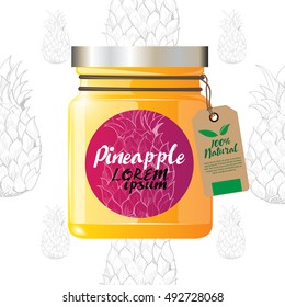 Jam pineapple. Glass bottle packaging for fruit jam with design label or badges. Vector illustration. Packaging collection. hand drawn illustration of pineapple.