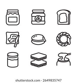 Coleção de ícones de produtos emperrados. Vetores de estilo de linha fina. Contém ícones de frascos de geleia, pão de geleia e muito mais.