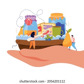Jam production flat composition witn human hand holding plate with jam jars fruits toasts and drink vector illustration
