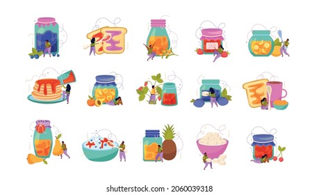 Jam production flat recolor set of isolated icons with small human characters dishes and glass packages vector illustration