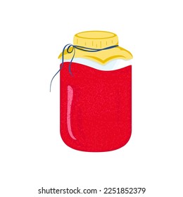 Mermelada, jarabe de frambuesa en un frasco. Compota casera. Vector de fondo blanco