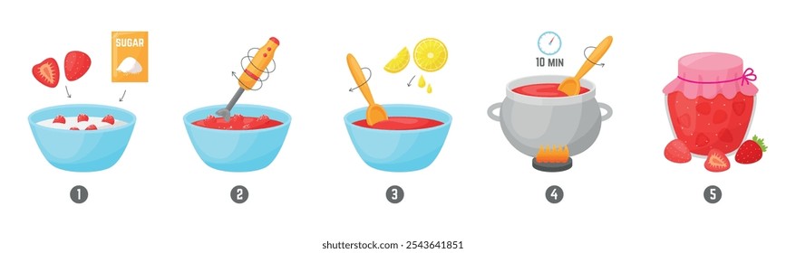 Jam recipe from strawberry step by step. Berry sweet marmalade with sugar, cooking at home kitchen. Simple tasty dessert, homemade food neoteric vector scene