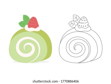 Jam rollt Kuchenfarbseite. Farbseite für Kinder. Cute pastellgrün Tee Marmelade Rolle Kuchen Vektorcartoon. 