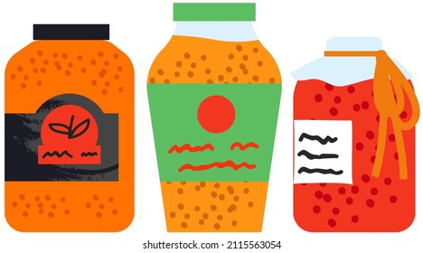 Jam, sauce or pickles jars set. Glass containers with fruit jelly, gelatin marmalade. Canned products, spicy sauces. Pickled, marinated vegetables in salty brine. Jars with green and blue substance