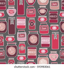 Jam seamless pattern. Vector illustration background. Strawberry, orange, tangerine, honey jars