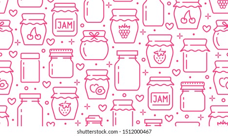 Jam seamless pattern with vector thin line icons. Glass jars with honey, jelly and other canned organic food. Homemade sweet preserves background.