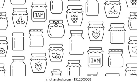 Jam seamless pattern with vector thin line icons. Glass jars with honey, jelly and other canned organic food. Homemade sweet preserves background. - Shutterstock ID 1512805088
