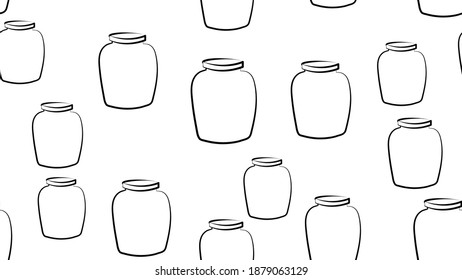 Jam seamless pattern with vector thin line icons. Glass jars with honey, jelly and other canned organic food. Homemade sweet preserves background