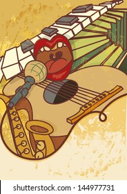 Jam session, jazz, blues music concert vector background flayer, retro style