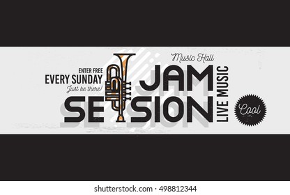 Jam Session Minimalistic Cool Line Art Event Music Website Cover Image. Vector Design. Trumpet Icon.