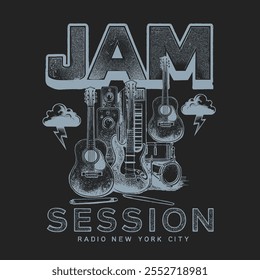 Jam Session. vintage grunge texture. guitar texture. rock and roll art. vector graphics. summer print. new York city. tee print