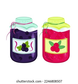 Jam. Set. Black currant and cranberry. Vector in the flat style. White background