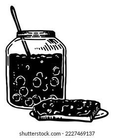 Marmelade auf einem Stück Toastbrot, Glas Glas mit Geleetch aufgetragen. Doodle süße hausgemachte Wintersaison Essen. Handgezeichnete Vektorgrafik. Einzelne Clipkunst einzeln auf Weiß.