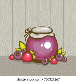 Jam with strawberry and blueberries. Vector illustration. Colorful jar with berries. Design for logo, menu and label.