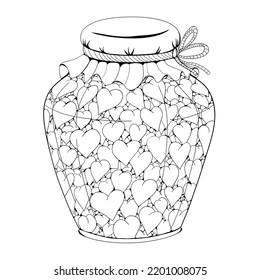 Jam with the taste of love. Hearts in a jar. Marinated love. Valentine's Day illustration. Postcard with love. Canned mood.
