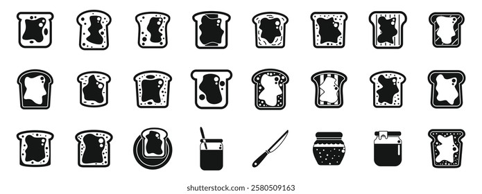  Jam toast icons set. Black and white vector icons set of toast with jam, marmalade, honey, or butter, jar, and knife