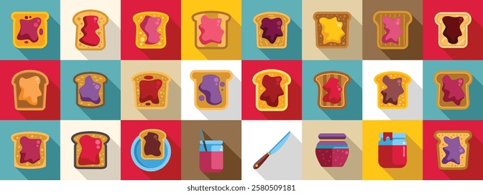  Jam toast icons set. Toasts with different jams and honey, jars, knife, plate and glass of juice composing a big breakfast set