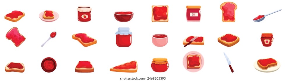 Jam toast icons set vector. A row of food items with a red jelly spread on them. The jelly spread is in various shapes and sizes, and some of the items are cut in half