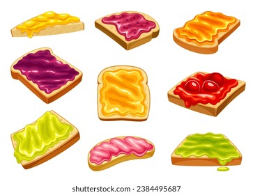 Jam toasts. Bread toast with berries jams or melting marmalade and honey, sugar apricot jelly breakfast dessert fruit pink topping, cartoon neoteric vector illustration of jam berry toast delicious