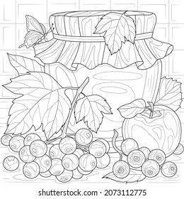 Jam with viburnum and apples.Coloring book antistress for children and adults. Illustration isolated on white background.Zen-tangle style. Hand draw
