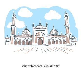 Jama Masjid Agra Uttar Pradesh India religion institution vector sketch city illustration line art sketch simple