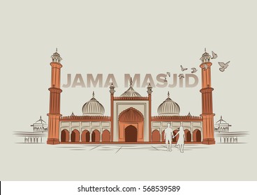 Jama Masjid, Delhi Vector Illustration. India travel poster. India famous monument for graphics, brochure, poster, banner, advertisement, web design and office space graphics.