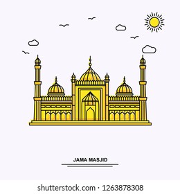 JAMA MASJID Monument Poster Template. World Travel Yellow illustration Background in Line Style with beauture nature Scene