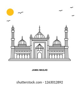 JAMA MASJID Monument. World Travel Natural illustration Background in Line Style