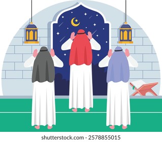 Jamaah or Jamat Takbeer Concept, Muslims Offering festival prayer vector icon Design, ramadan and Eid al-Fitr Banner, Muslim fasting month scene, Arabic holidays stock, mosque interiors illustration