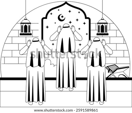 Jamaah or Jamat Takbeer Concept, Muslims Offering festival prayer vector icon Design, Ramazan and Eid al-Fitr sign, Muslim fasting month story, Arabic holidays stock, mosque interiors illustration