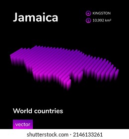 Jamaica 3D map. Stylized isometric vector Map is in neon violet colors on black background. Geographic banner, infographic element.