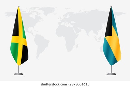 Jamaica and Bahamas flags for official meeting against background of world map.