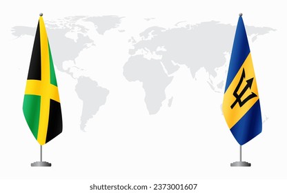 Jamaica and Barbados flags for official meeting against background of world map.