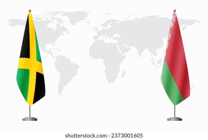 Jamaica and Belarusian flags for official meeting against background of world map.