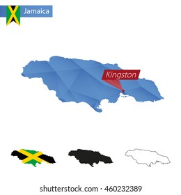 Jamaica blue Low Poly map with capital Kingston, versions with flag, black and outline. Vector Illustration.