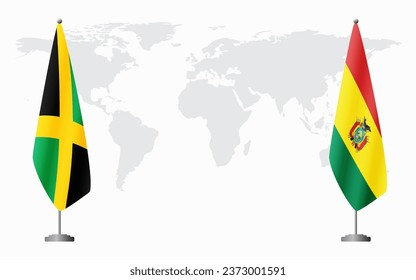 Jamaica and Bolivia flags for official meeting against background of world map.