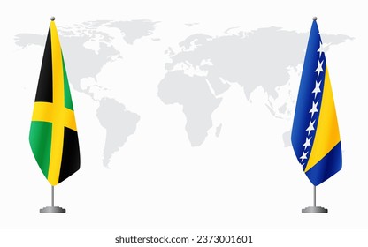Jamaica and Bosnia and Herzegovina flags for official meeting against background of world map.