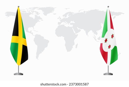 Jamaica and Burundi flags for official meeting against background of world map.