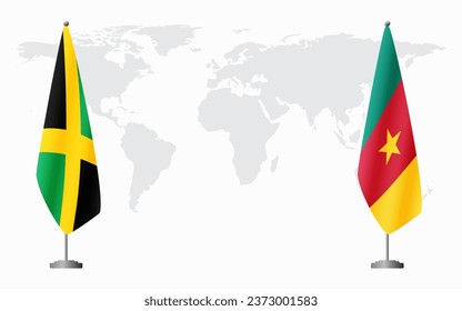 Jamaica and Cameroon flags for official meeting against background of world map.