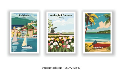 Jamaica, Caribe, Cefalonia, Grecia, Keukenhof Gardens, Países Bajos - Afiche de viaje de Antiguas. Ilustración vectorial