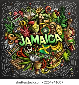 Jamaica cartoon doodle illustration. Funny design. Creative vector background. Handwritten text with Jamaican elements and objects. Chalkboard composition