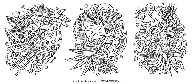 Jamaica cartoon vector doodle designs set. Sketchy detailed compositions with lot of Jamaican objects and symbols.