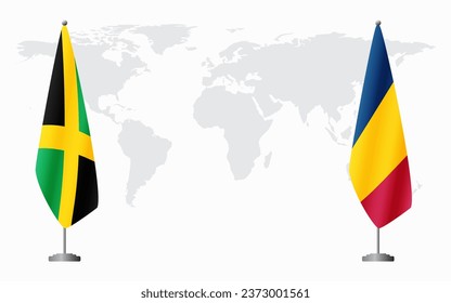 Jamaica and Chad flags for official meeting against background of world map.