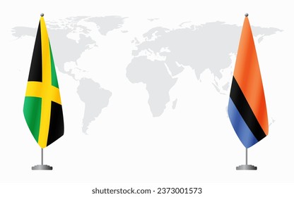 Jamaica and Chagos Islands flags for official meeting against background of world map.