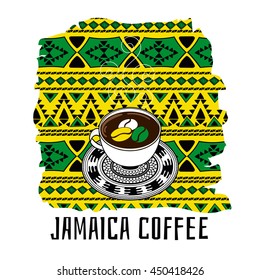 Jamaica coffee illustration. Gift shop or touristic concept in ethnic boho style in Jamaican color flag.