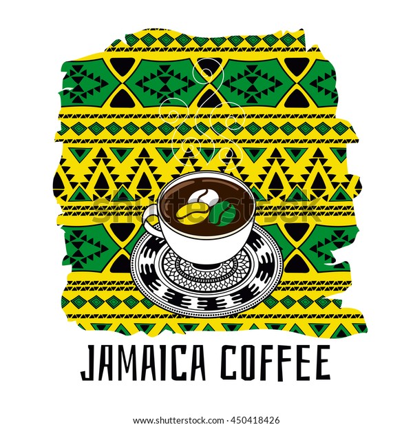 Jamaica coffee\
illustration. Gift shop or touristic concept in ethnic boho style\
in Jamaican color\
flag.