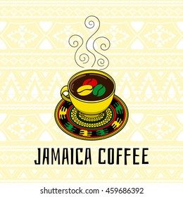 Jamaica coffee illustration. Travel flyer, gift shop or tourism banner concept in ethnic boho style in Jamaican color.